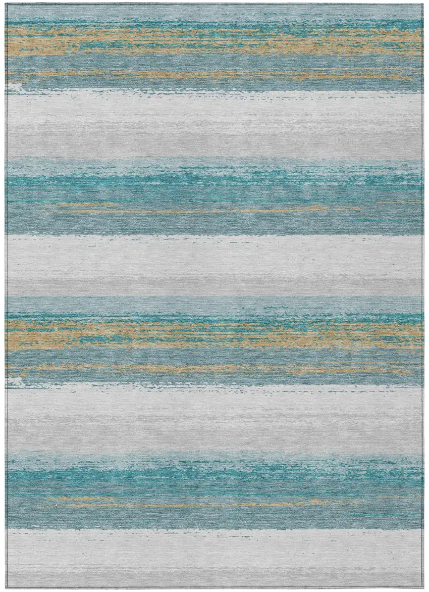 Teal Blue And Gray Striped Washable Indoor Outdoor Area Rug Photo 2