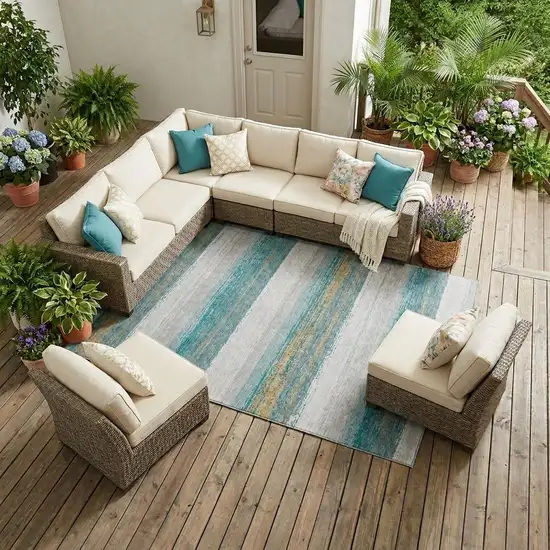 Teal Blue And Gray Striped Washable Indoor Outdoor Area Rug Photo 1