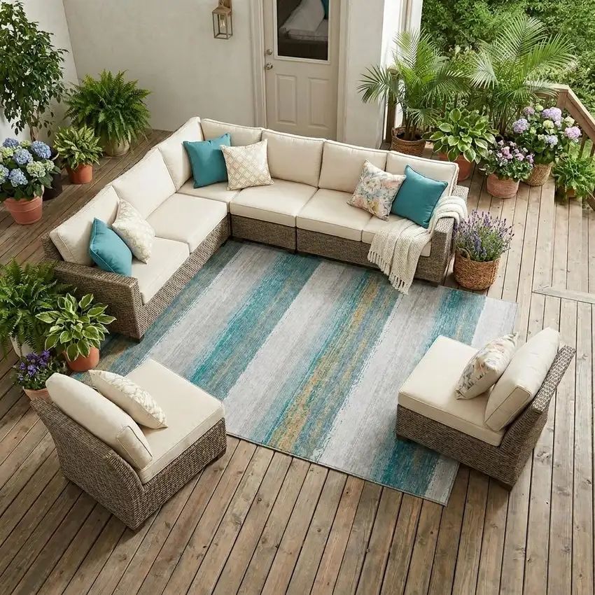 Teal Blue And Gray Striped Washable Indoor Outdoor Area Rug Photo 1