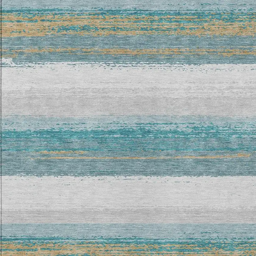 Teal Blue And Gray Striped Washable Indoor Outdoor Area Rug Photo 3