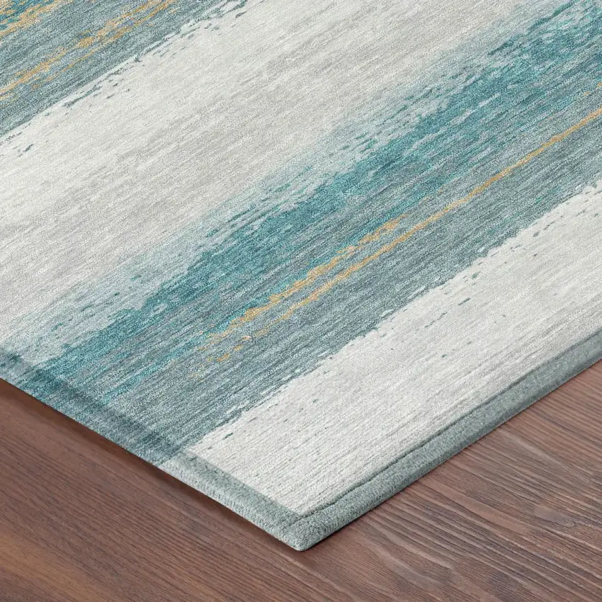 Teal Blue And Gray Striped Washable Indoor Outdoor Area Rug Photo 5