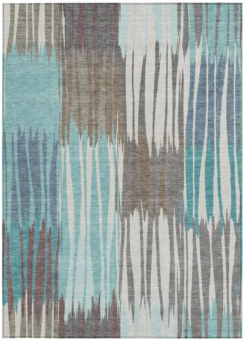 Teal Blue And Gray Striped Washable Indoor Outdoor Area Rug Photo 3