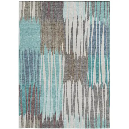 Teal Blue And Gray Striped Washable Indoor Outdoor Area Rug Photo 3