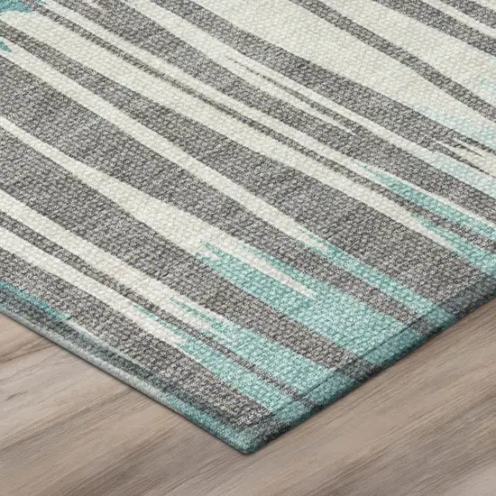 Teal Blue And Gray Striped Washable Indoor Outdoor Area Rug Photo 4