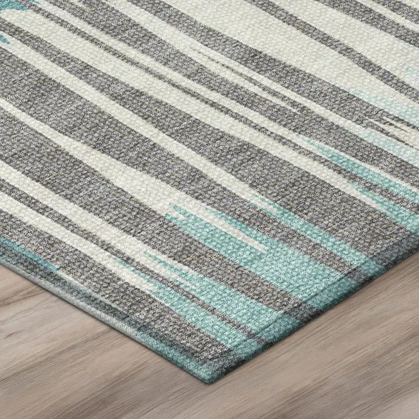 Teal Blue And Gray Striped Washable Indoor Outdoor Area Rug Photo 4