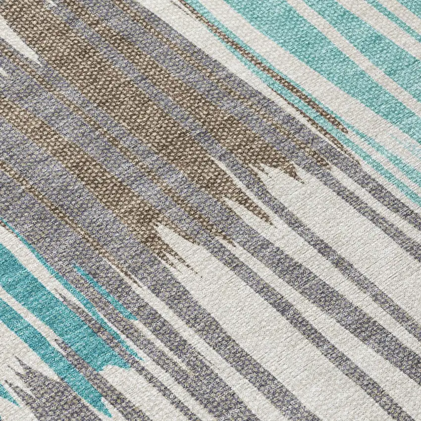 Teal Blue And Gray Striped Washable Indoor Outdoor Area Rug Photo 5