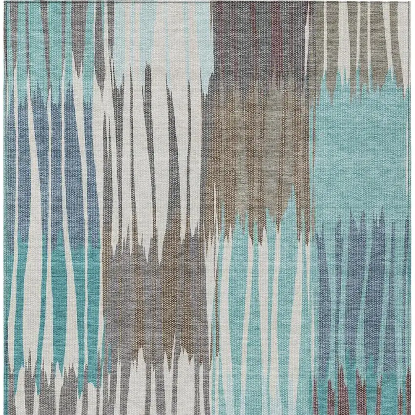 Teal Blue And Gray Striped Washable Indoor Outdoor Area Rug Photo 3