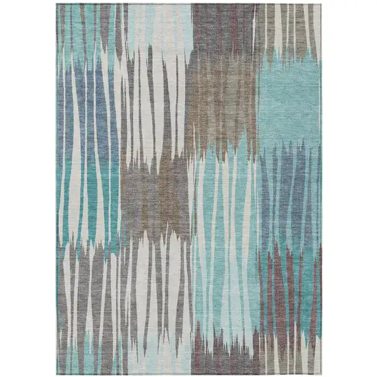 Teal Blue And Gray Striped Washable Indoor Outdoor Area Rug Photo 1