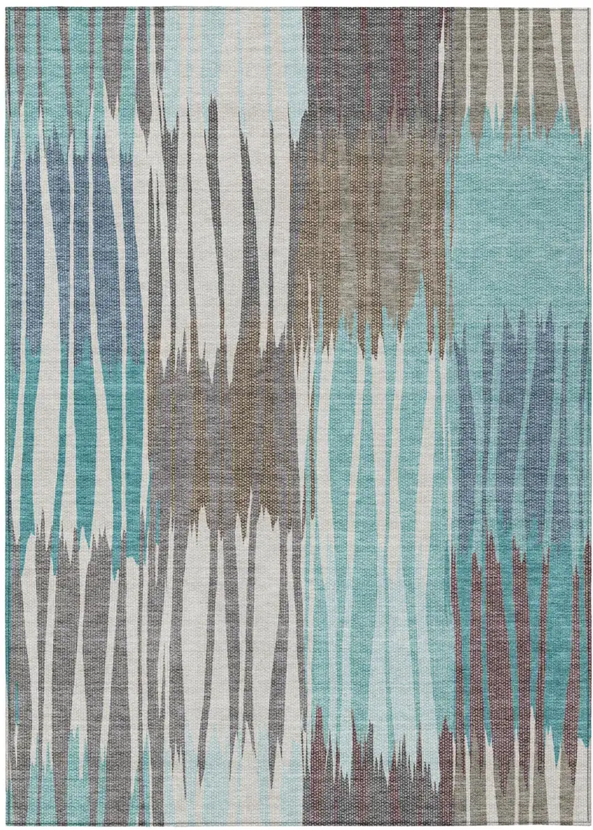 Teal Blue And Gray Striped Washable Indoor Outdoor Area Rug Photo 1