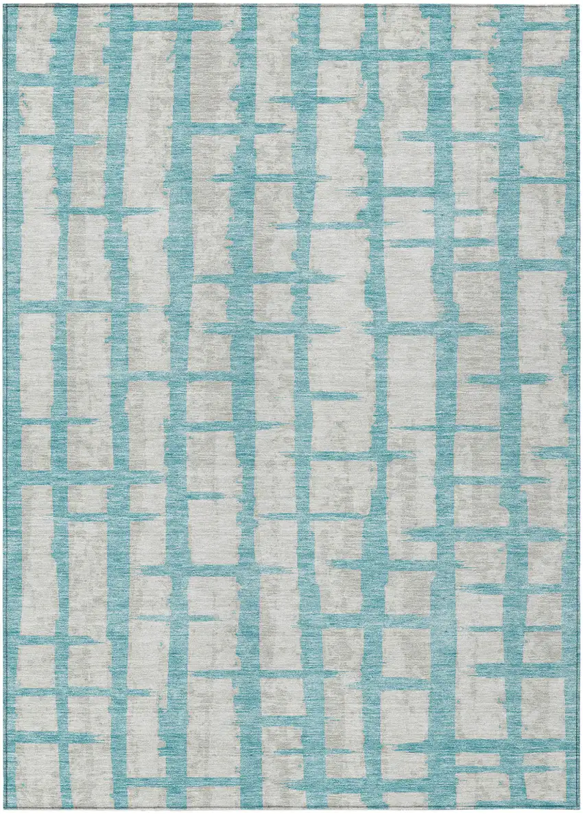 Teal Blue And Gray Striped Washable Indoor Outdoor Area Rug Photo 2