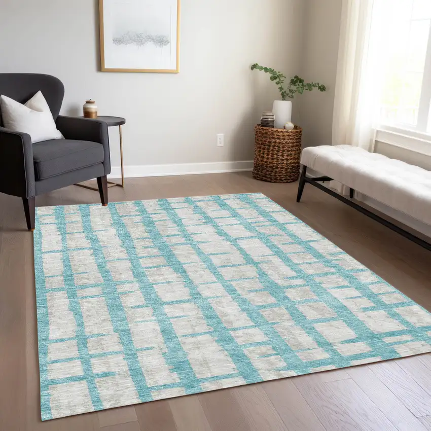 Teal Blue And Gray Striped Washable Indoor Outdoor Area Rug Photo 9