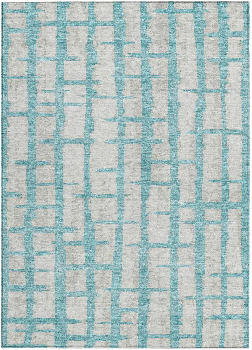 Teal Blue And Gray Striped Washable Indoor Outdoor Area Rug Photo 6