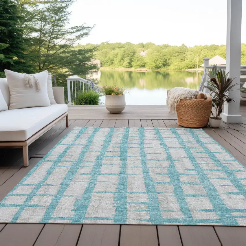 Teal Blue And Gray Striped Washable Indoor Outdoor Area Rug Photo 7