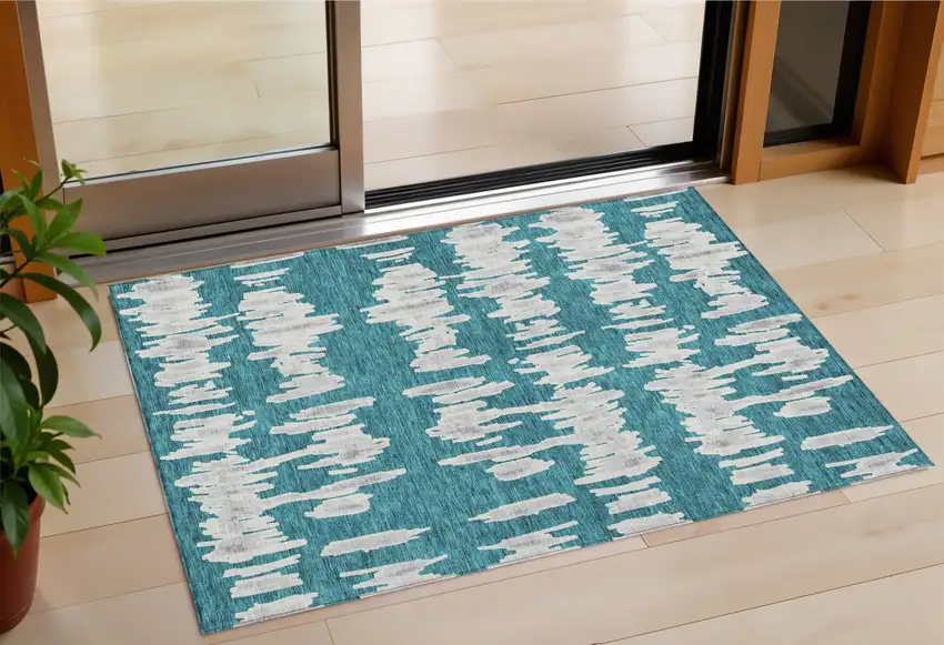 Teal Blue And Gray Striped Washable Indoor Outdoor Area Rug Photo 1