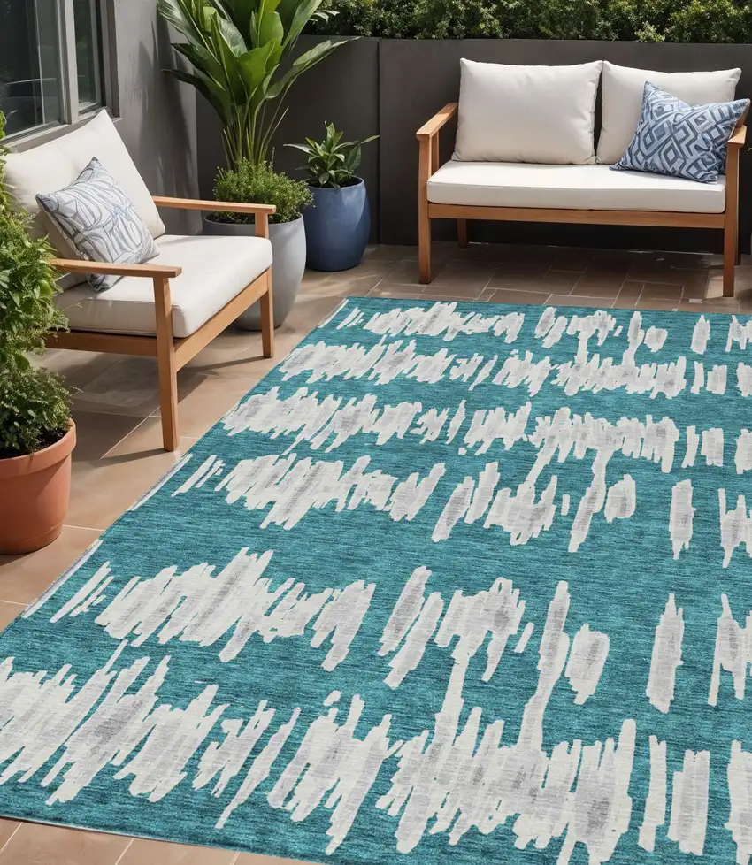 Teal Blue And Gray Striped Washable Indoor Outdoor Area Rug Photo 1