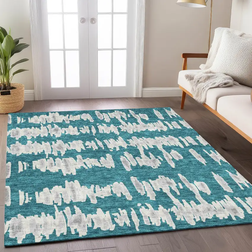 Teal Blue And Gray Striped Washable Indoor Outdoor Area Rug Photo 9