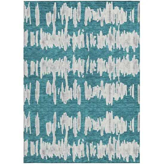 Teal Blue And Gray Striped Washable Indoor Outdoor Area Rug Photo 8