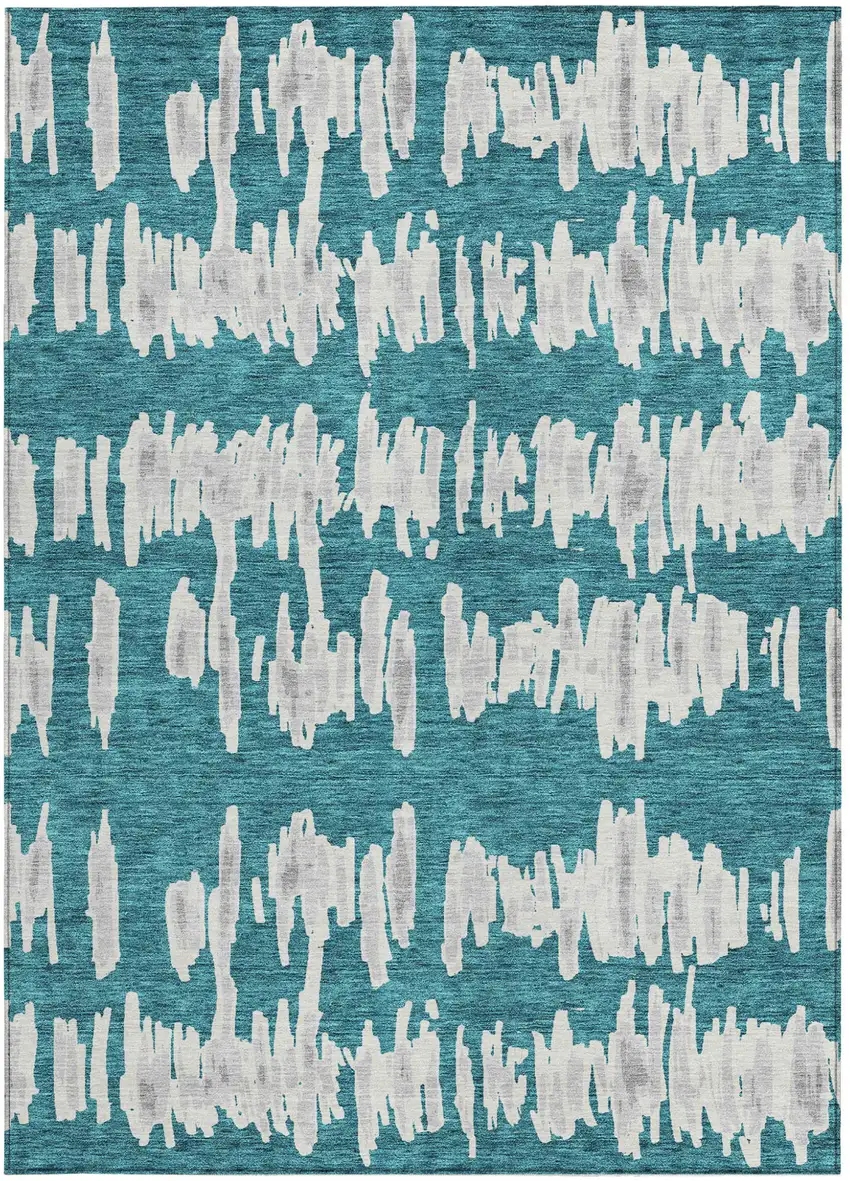 Teal Blue And Gray Striped Washable Indoor Outdoor Area Rug Photo 8