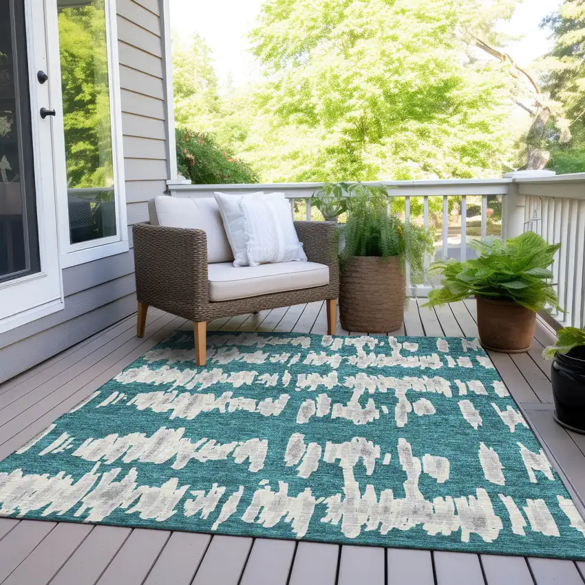 Teal Blue And Gray Striped Washable Indoor Outdoor Area Rug Photo 9