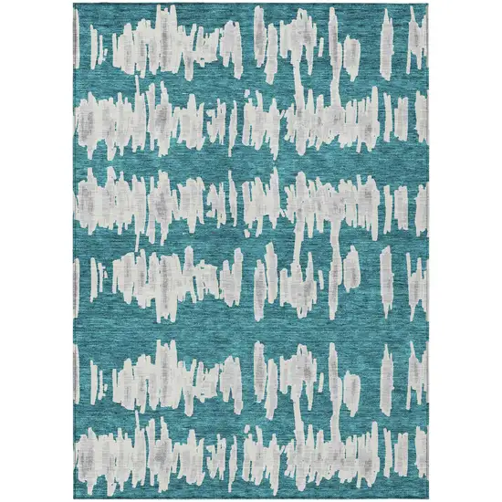 Teal Blue And Gray Striped Washable Indoor Outdoor Area Rug Photo 2