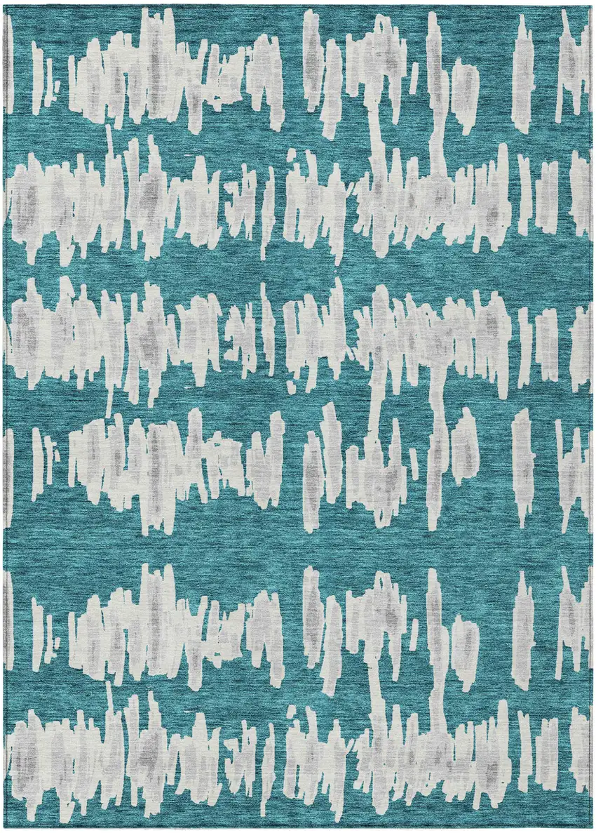 Teal Blue And Gray Striped Washable Indoor Outdoor Area Rug Photo 2