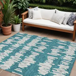 Photo of Teal Blue And Gray Striped Washable Indoor Outdoor Area Rug