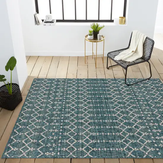 Teal Blue And Gray Trellis Indoor Outdoor Area Rug Photo 9