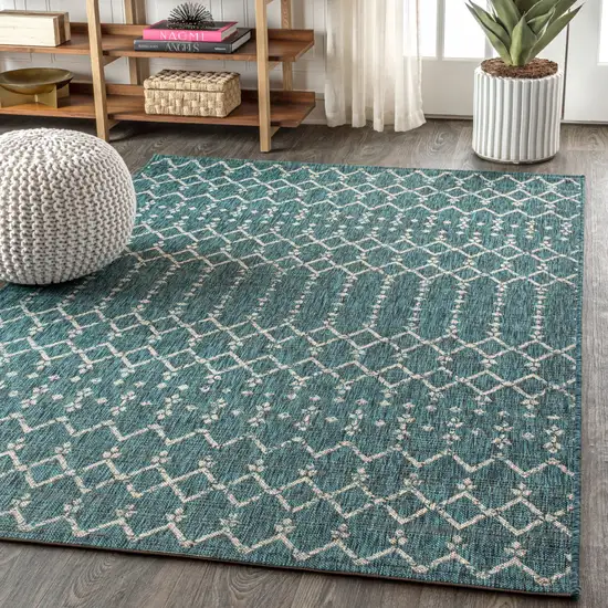 Teal Blue And Gray Trellis Indoor Outdoor Area Rug Photo 6