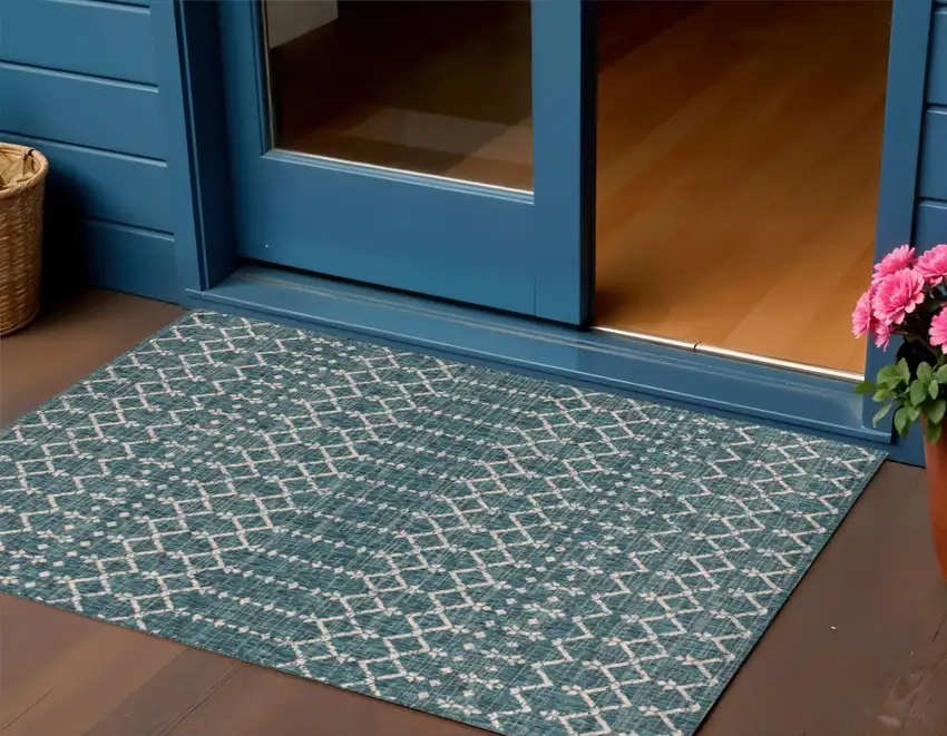 Teal Blue And Gray Trellis Indoor Outdoor Area Rug Photo 1