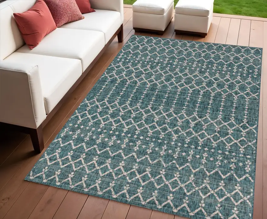 Teal Blue And Gray Trellis Indoor Outdoor Area Rug Photo 1