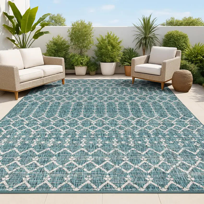 Teal Blue And Gray Trellis Indoor Outdoor Area Rug Photo 4