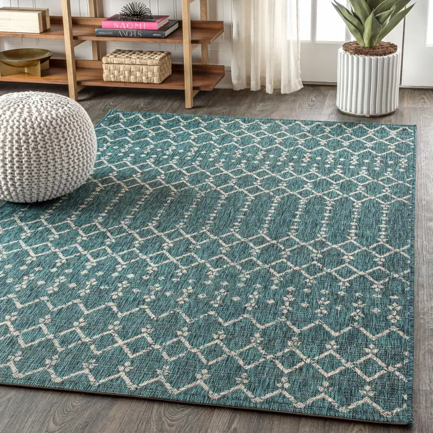 Teal Blue And Gray Trellis Indoor Outdoor Area Rug Photo 6