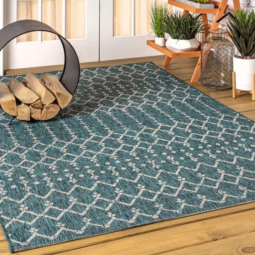 Teal Blue And Gray Trellis Indoor Outdoor Area Rug Photo 5
