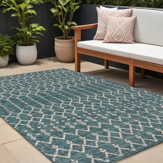 Teal Blue And Gray Trellis Indoor Outdoor Area Rug Photo 1