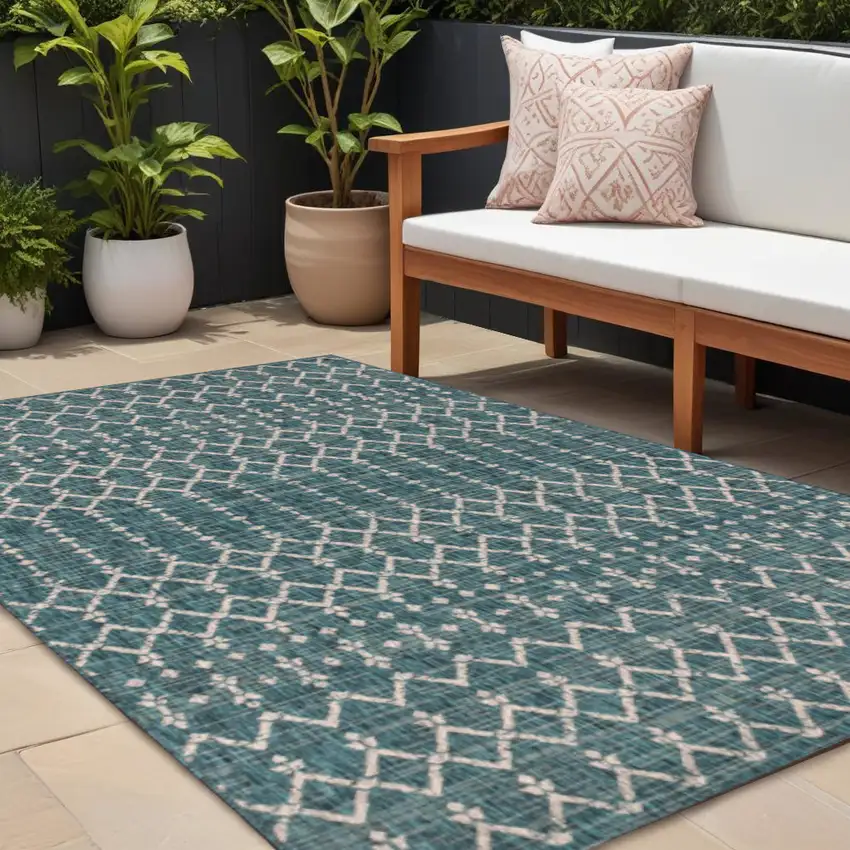 Teal Blue And Gray Trellis Indoor Outdoor Area Rug Photo 1