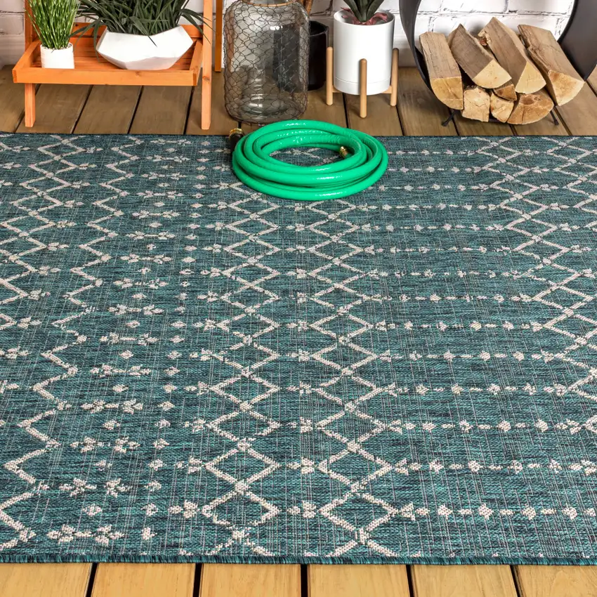Teal Blue And Gray Trellis Indoor Outdoor Area Rug Photo 7