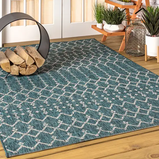 Teal Blue And Gray Trellis Indoor Outdoor Area Rug Photo 5