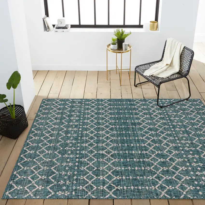 Teal Blue And Gray Trellis Indoor Outdoor Area Rug Photo 9