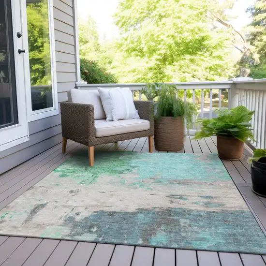 Teal Blue And Green Abstract Washable Indoor Outdoor Area Rug Photo 8