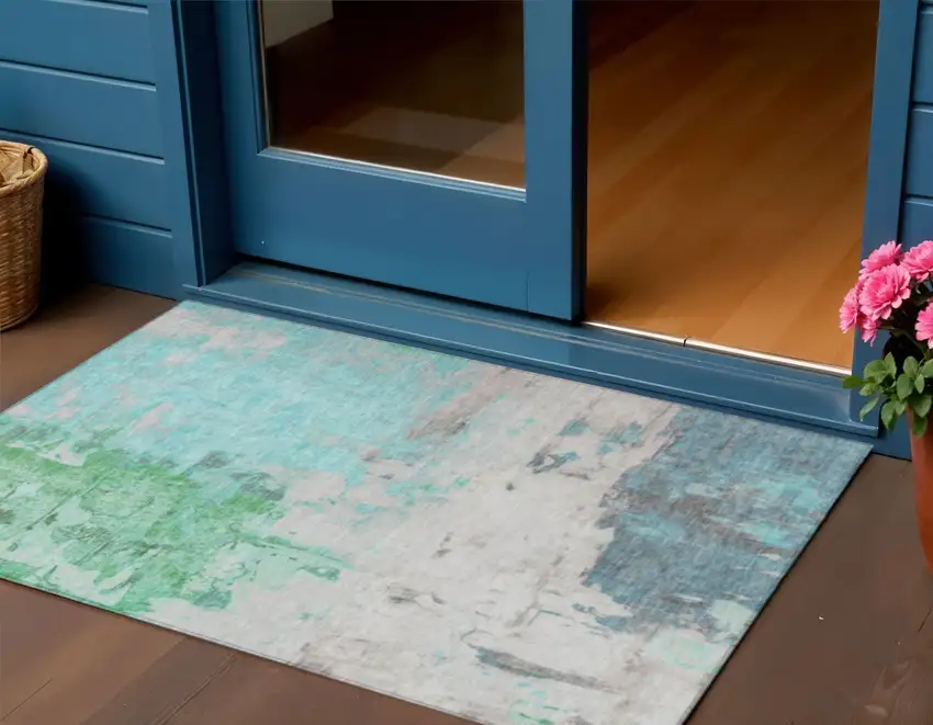 Teal Blue And Green Abstract Washable Indoor Outdoor Area Rug Photo 2