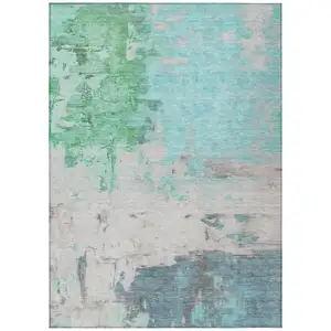 Photo of Teal Blue And Green Abstract Washable Indoor Outdoor Area Rug