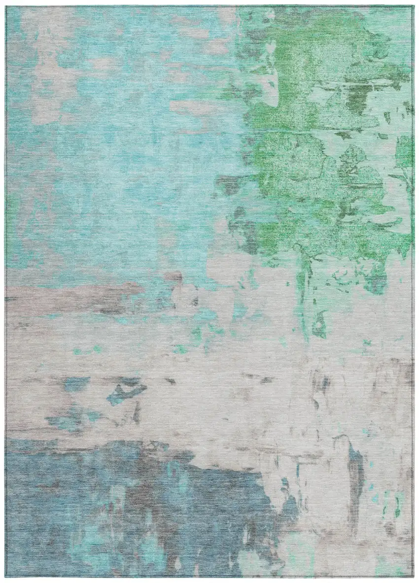 Teal Blue And Green Abstract Washable Indoor Outdoor Area Rug Photo 3