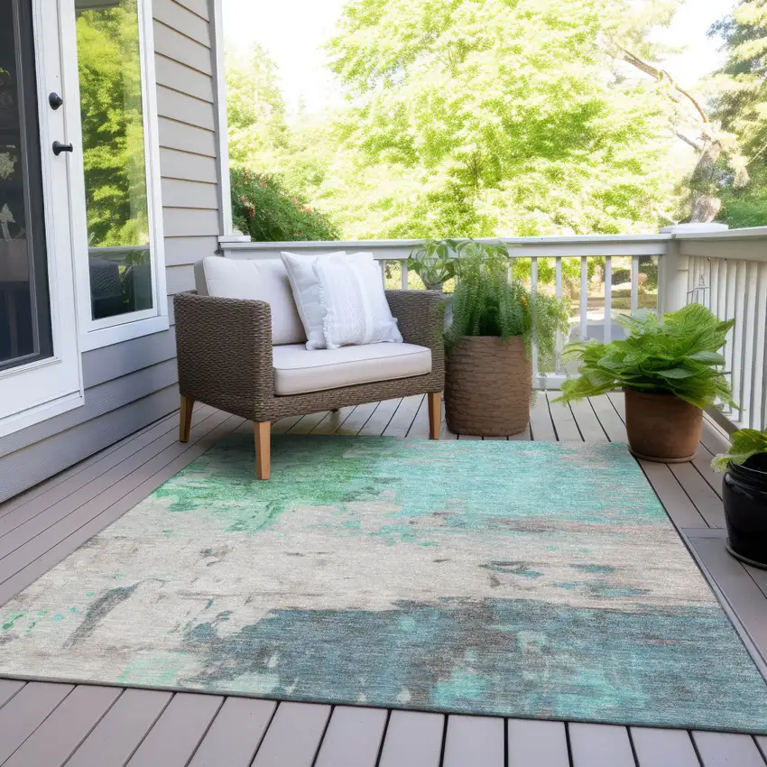 Teal Blue And Green Abstract Washable Indoor Outdoor Area Rug Photo 8