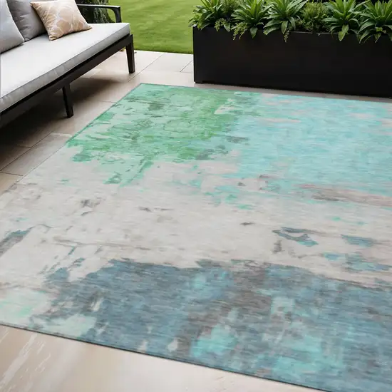Teal Blue And Green Abstract Washable Indoor Outdoor Area Rug Photo 2