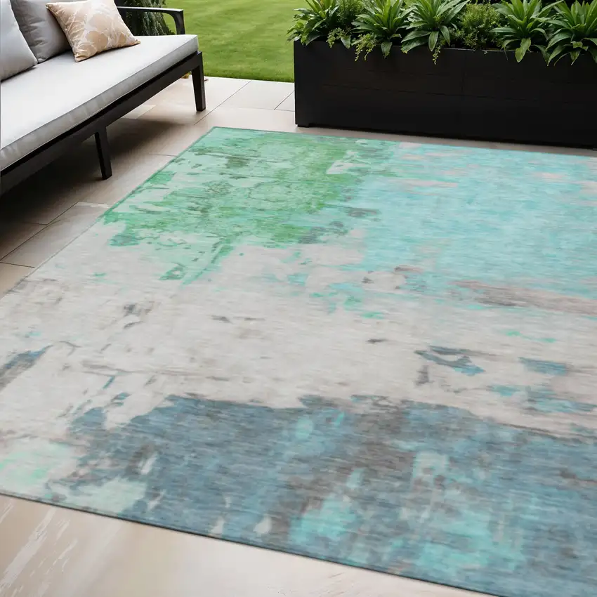 Teal Blue And Green Abstract Washable Indoor Outdoor Area Rug Photo 2