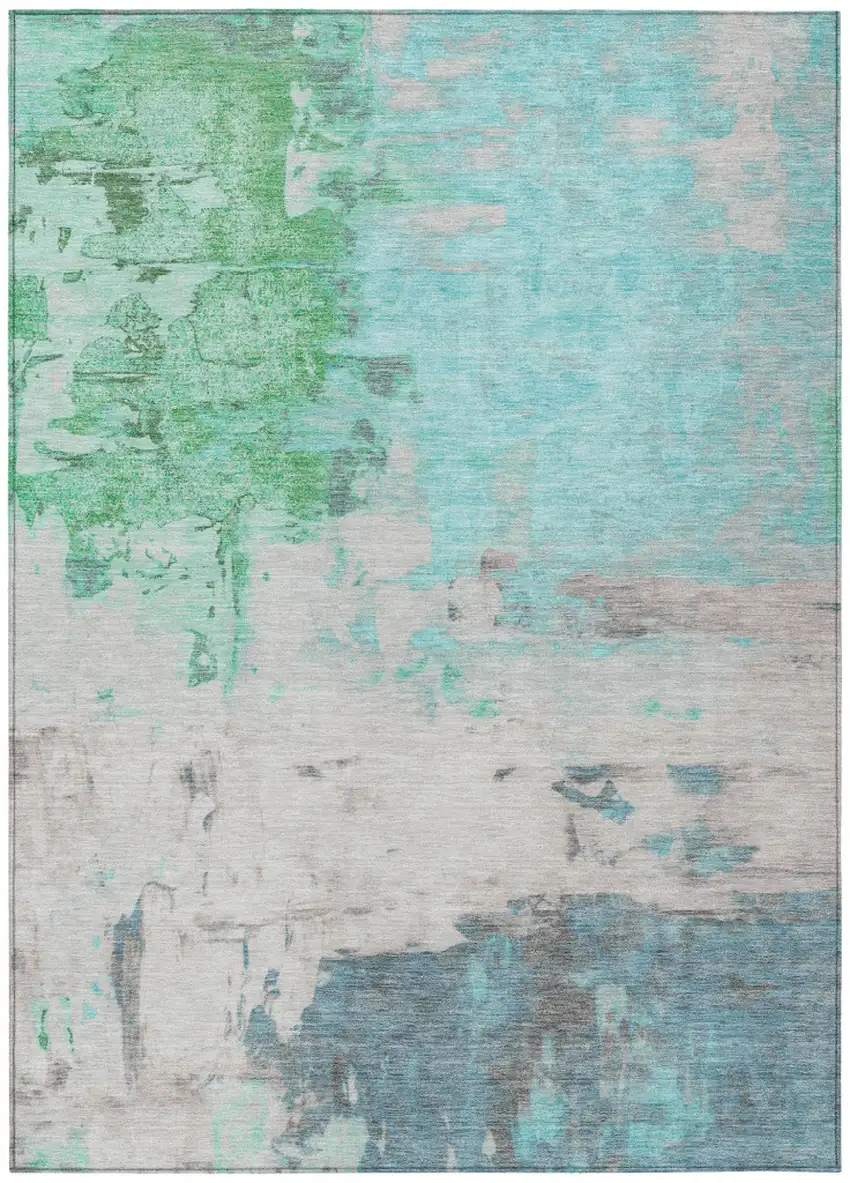 Teal Blue And Green Abstract Washable Indoor Outdoor Area Rug Photo 1