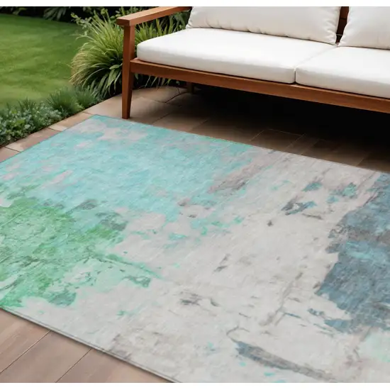 Teal Blue And Green Abstract Washable Indoor Outdoor Area Rug Photo 2