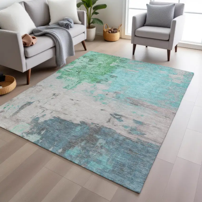 Teal Blue And Green Abstract Washable Indoor Outdoor Area Rug Photo 6