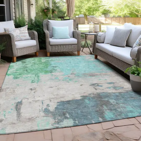 Teal Blue And Green Abstract Washable Indoor Outdoor Area Rug Photo 5