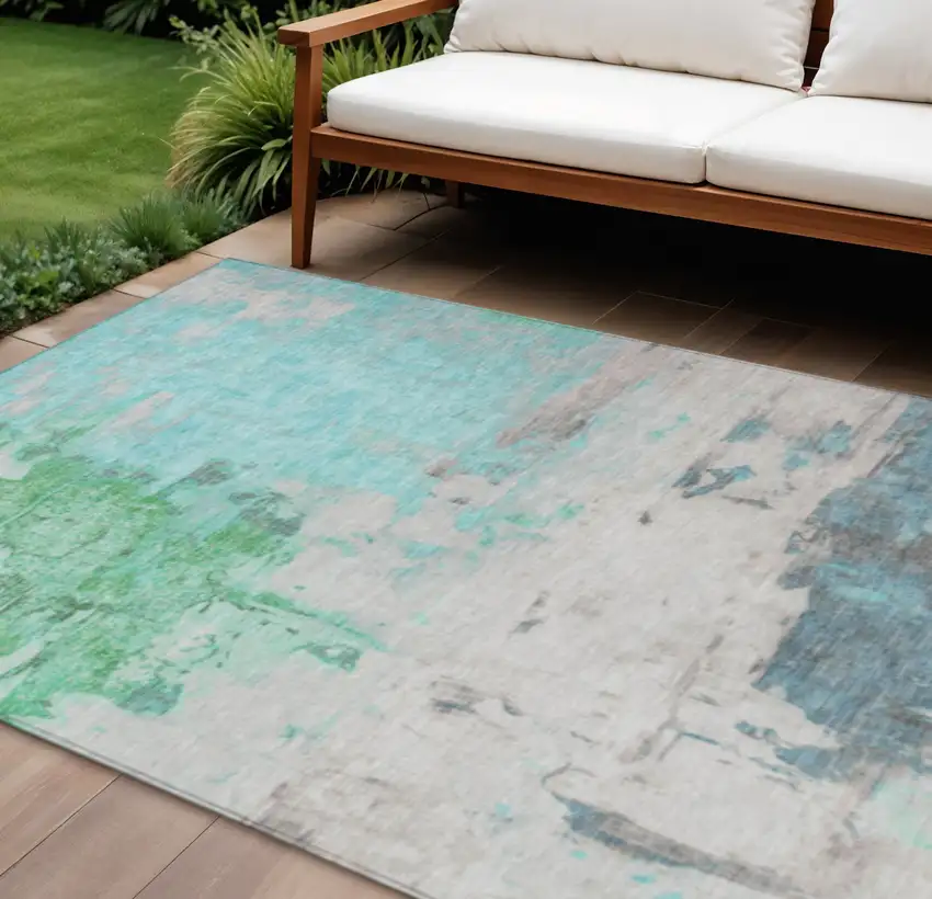 Teal Blue And Green Abstract Washable Indoor Outdoor Area Rug Photo 2